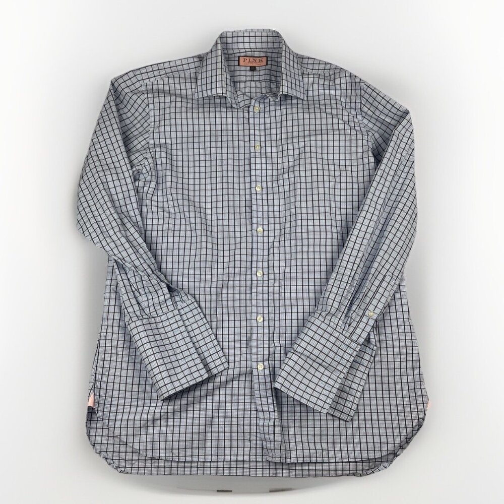 Thomas Pink Shirt Mens 17-35 Blue Mini Check Plaid Dress shirt Plaid pattern